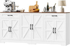 Large Sideboard Buffet Cabinet 71 Inch with Storage, Adjustable Shelves and 6 Barn Doors, Farmhouse Wood Coffee Wine Bar Console Table for Kitchen and Dining Room, White