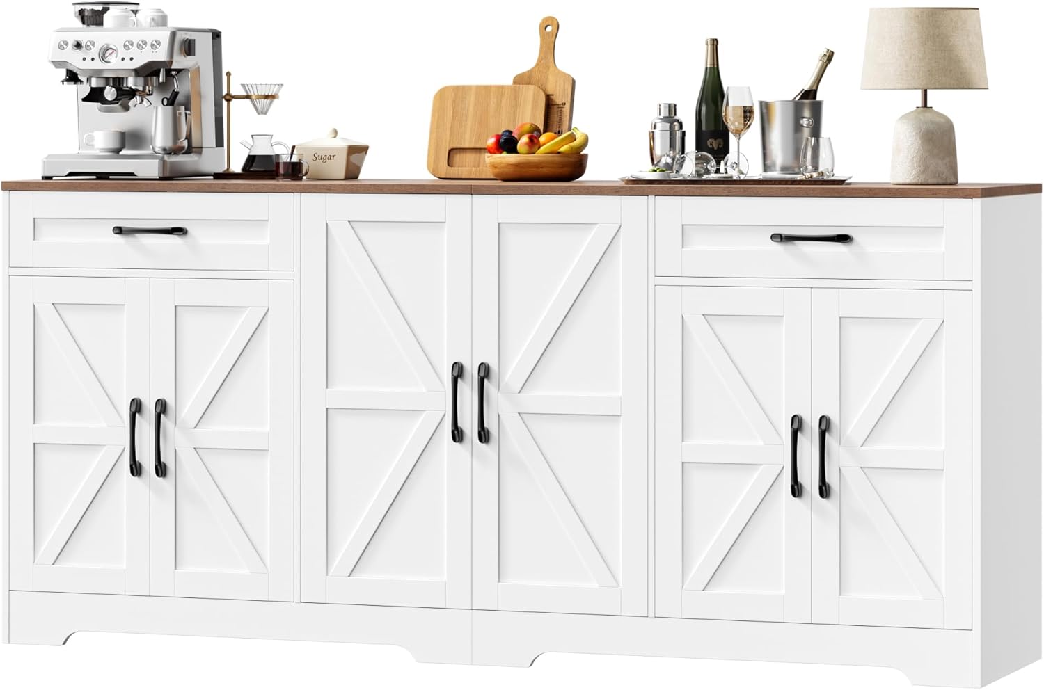 Large Sideboard Buffet Cabinet 71 Inch with Storage, Adjustable Shelves and 6 Barn Doors, Farmhouse Wood Coffee Wine Bar Console Table for Kitchen and Dining Room, White