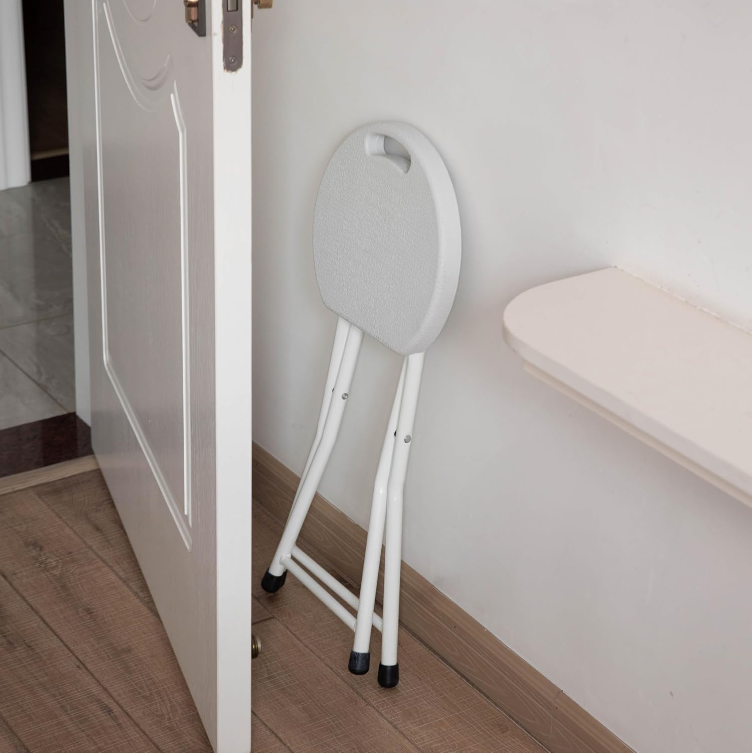 Basicwise Portable Folding Stool with Handle Compact Chair with Non-Slip Feet and Metal Frame Legs for Indoor & Outdoor Use Ideal for Dorm Kitchen Vanity Game Room Garden Porch & Home Bar, White