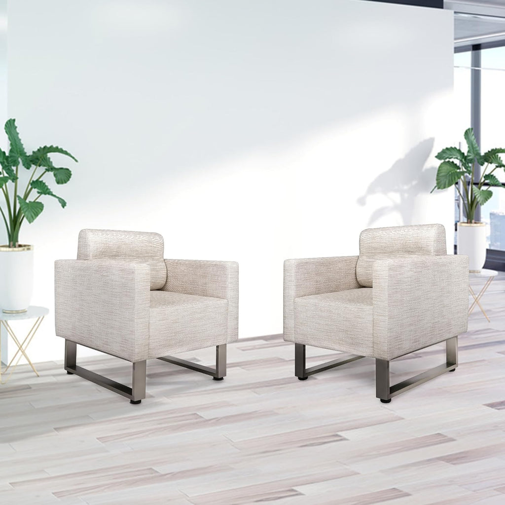 LUCKYERMORE Waiting Room Chair Set of 2 Large Guest Club Chairs for Studio Office Reception Couch, Lobby Lounge Accent Chairs Soft Leather Side Arm Chair Sofa for Bedroom Living Room, Beige+White