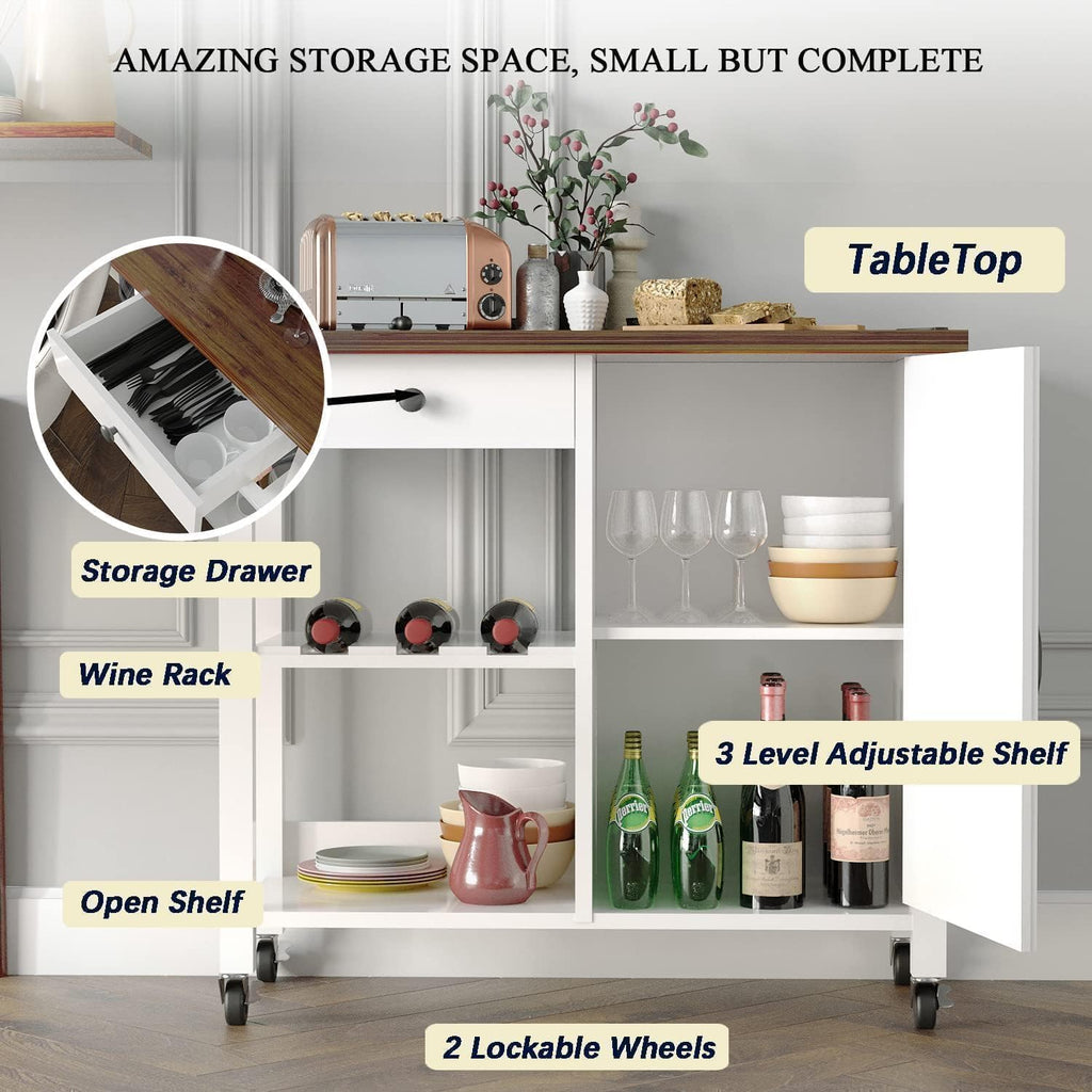 4 EVER WINNER Rolling Kitchen Island with Storage, Farmhouse Kitchen Cart with Drawer and Door, Wine Rack and Adjustable Shelf, Microwave Cart for Kitchen, Dining Room, White