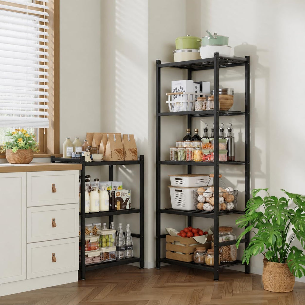 Storage Shelves, 5-Tier Metal Shelving Unit with Adjustable Feet, Compact Shelf Organizer for Garage, Kitchen, Pantry and Closet Organization,17.7" x 11.8" x 56.3", Black