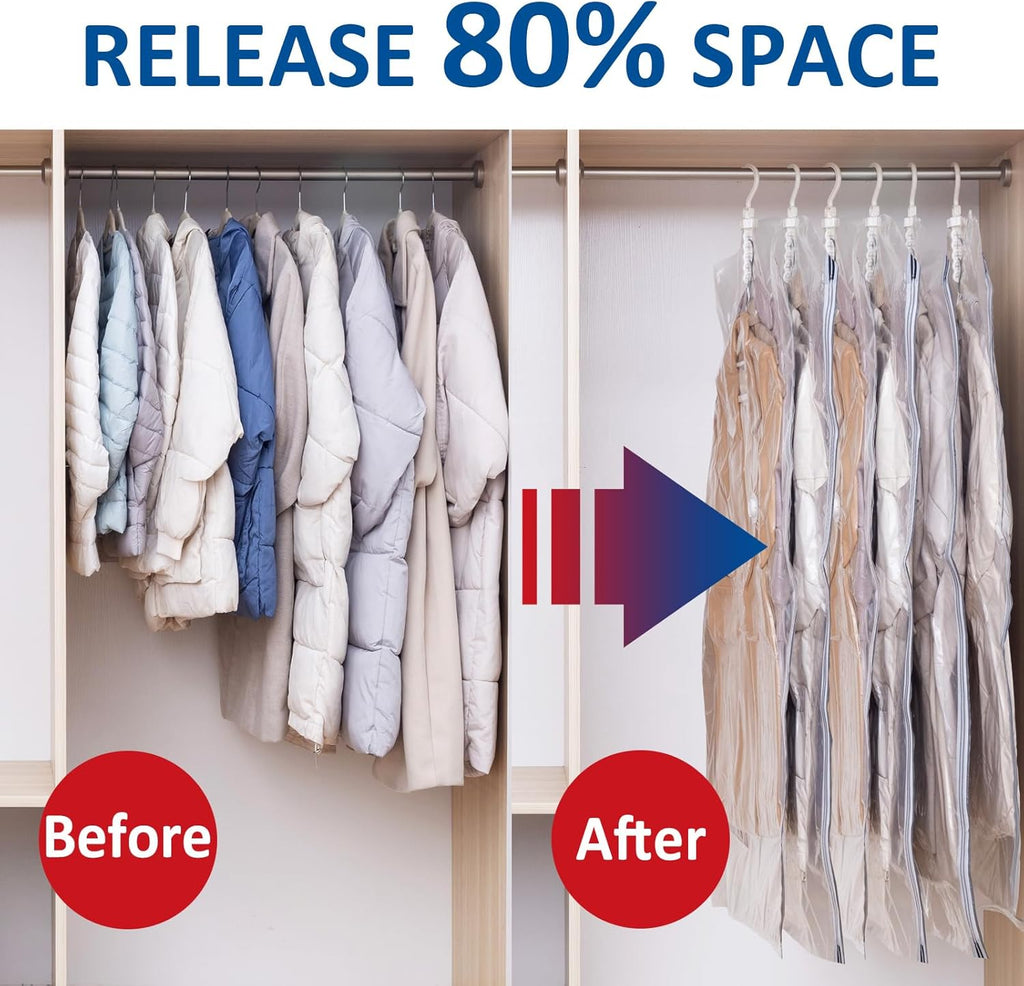 Hanging Vacuum Storage Bags, 6 Pack Large Hanging Vacuum Seal Garment Bags for Clothing, Space Saver for Clothes, Suits, Dresses, Jackets, Clothing Storage for Moving Supplies(6 Long)