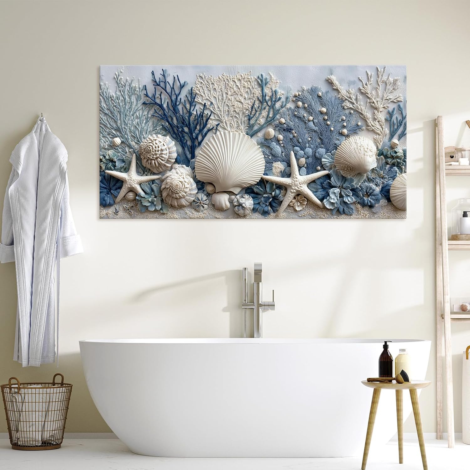 llribbons Coastal Seashell Canvas Wall Art Living Room Bathroom Decor Starfish Coral Seascape Painting Modern Ocean Artwork Prints for Bedroom Beach House Home Decoration Ready to Hang 12" x 24"