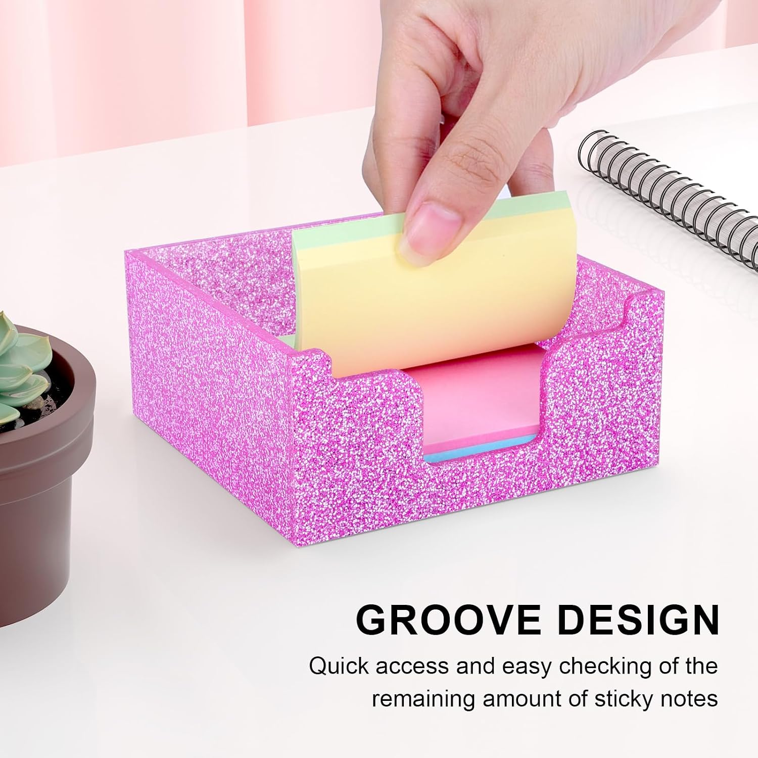 Rouidr Acrylic Sticky Note Holder, Self Stick Note Pad Holder, 3.94 x 3.94 Inch Glitter Memo Pad Dispenser Organizer for School Office Home Desk Supplies, Pink