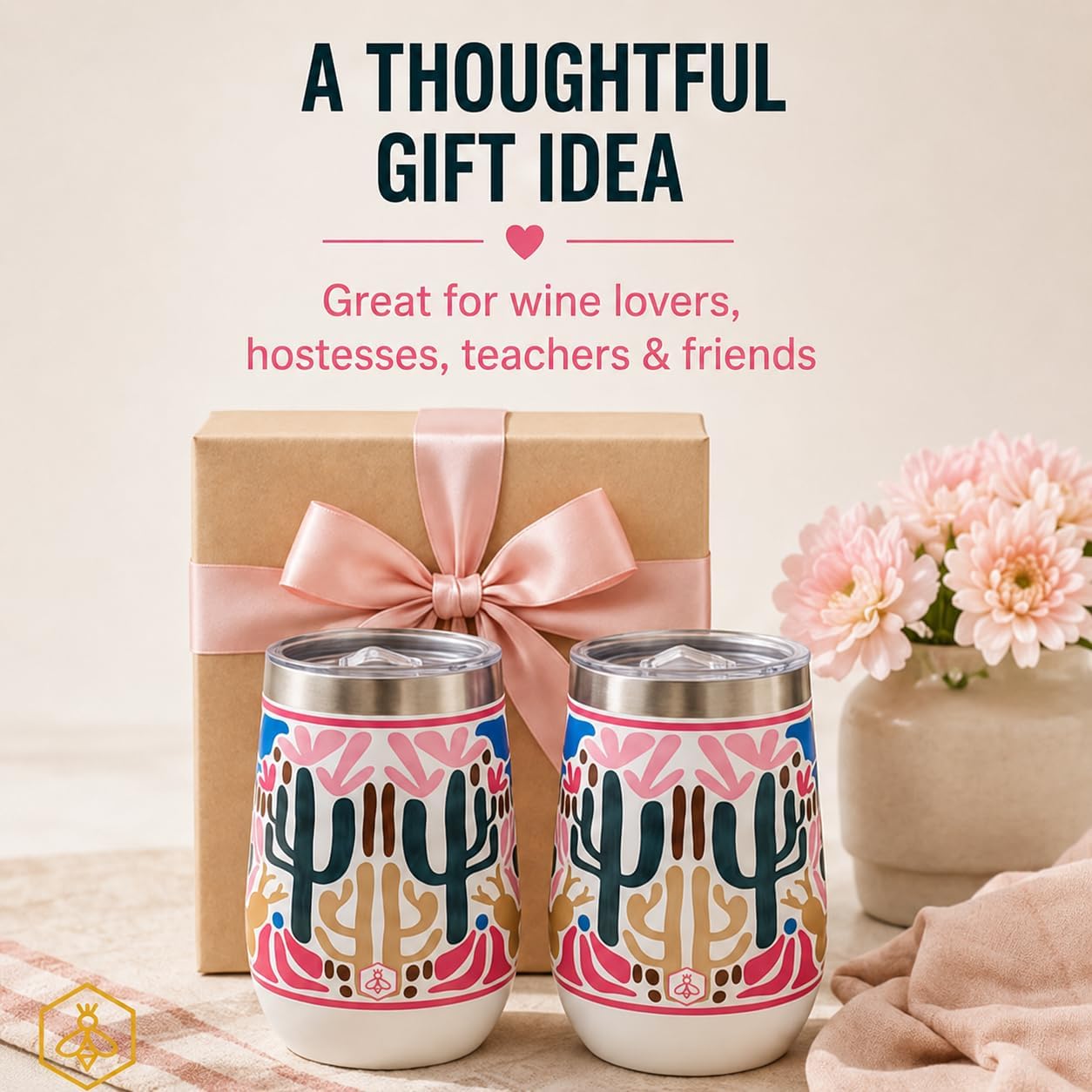 Biddlebee 12 Oz Stemless Wine Tumblers with Lids, 2-Pack – Insulated Stainless Steel Wine Tumbler Gift Set for Women – Double Wall Cups Keep Drinks Hot or Cold for Hours