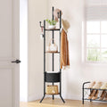 Hoctieon Coat Rack Freestanding, Round Coat Rack with 3 Wooden Shelves and 1 Fabric Basket, Metal Clothes Tree with 5 Hooks, Coat Hanger Stand for Clothes, Hats, Bags, Brown and Black