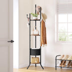 Hoctieon Coat Rack Freestanding, Round Coat Rack with 3 Wooden Shelves and 1 Fabric Basket, Metal Clothes Tree with 5 Hooks, Coat Hanger Stand for Clothes, Hats, Bags, Brown and Black