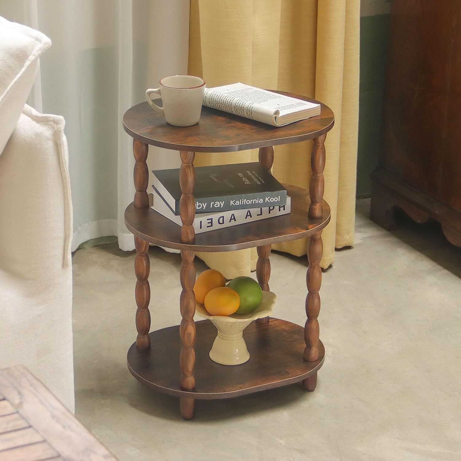 MaxSmeo Side Table, 3-Tier Small End Table, Modern Oval Night Stand Accent Table for Living Room, Bedroom, Rustic Brown