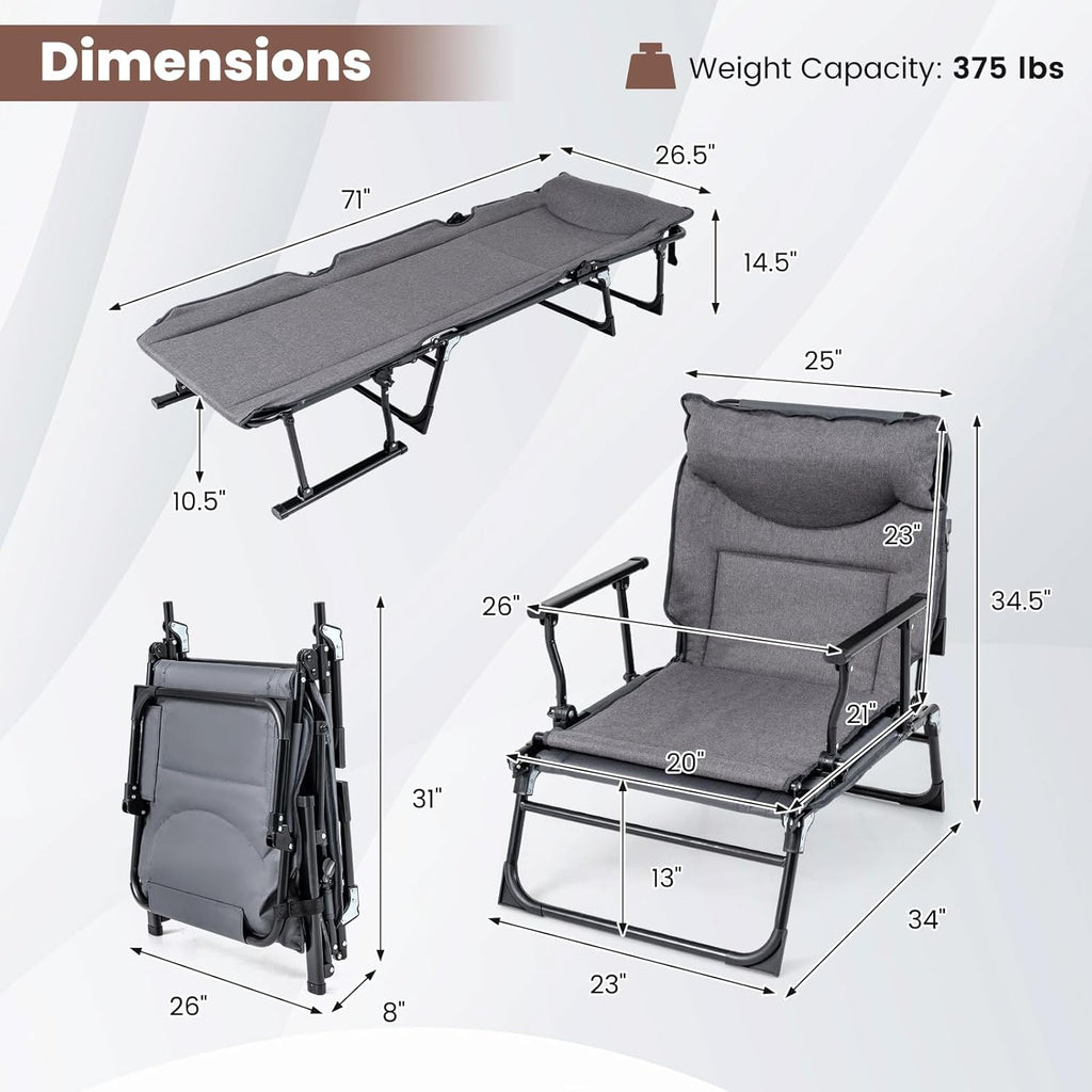 Giantex Folding Patio Lounge Chair with 6 Backrest Positions, Portable Foldable Bed with Cushion and Armrest, Head Pillow, Adjustable Recliner, Outdoor Camping Cot for Yard, Bench, Office, Home (1)