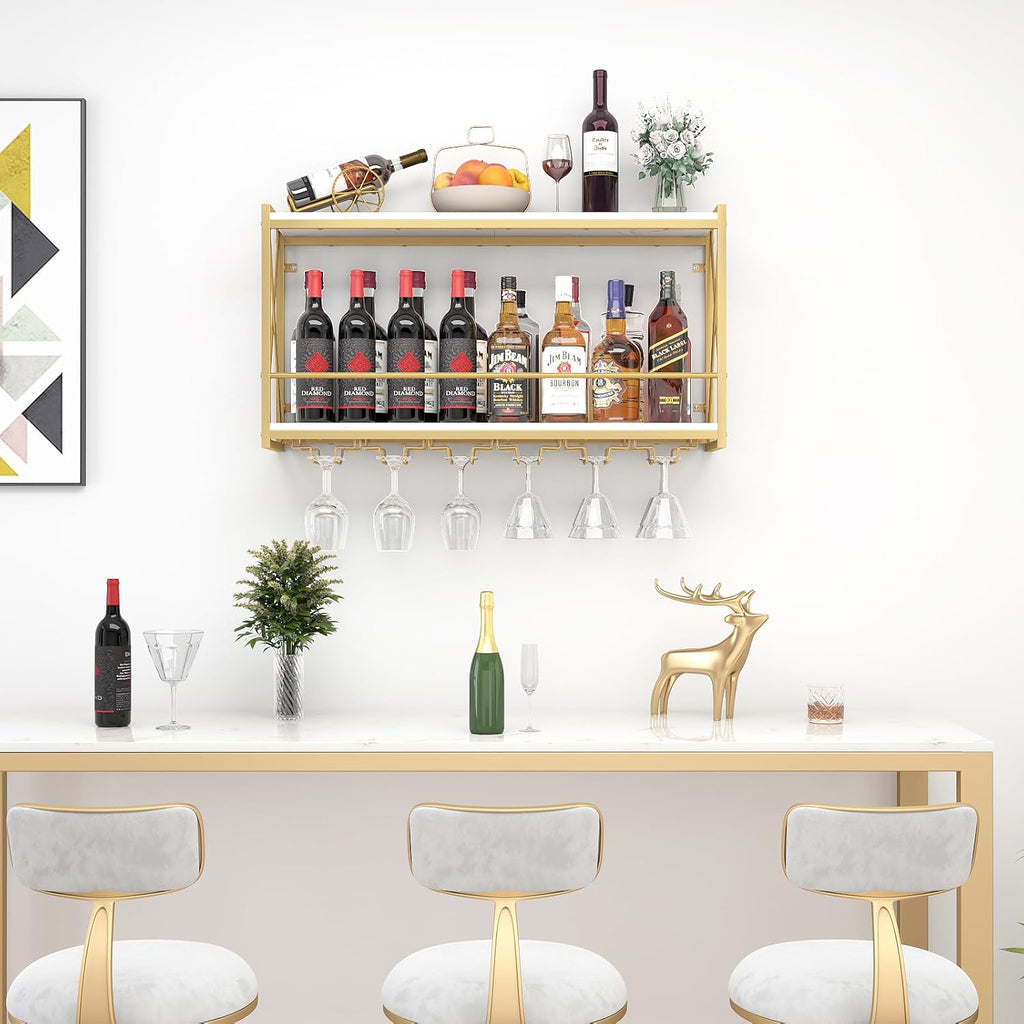 Dokser Wine Rack Wall Mounted Shelf - 2 Tier, Rustic Wood & Industrial Iron Frame Wine Bottle Holder for Kitchen, Dining Room, Home Bar Decor (Gold)