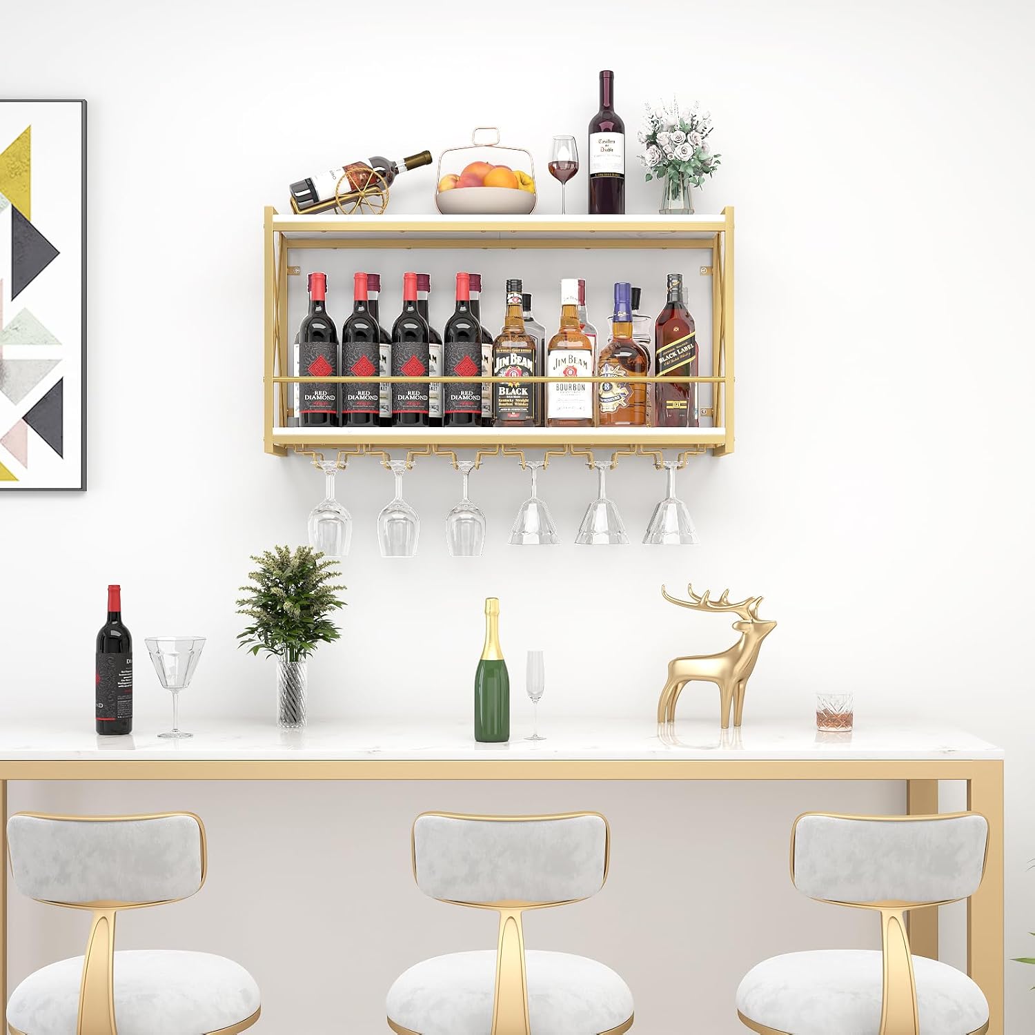 Dokser Wine Rack Wall Mounted Shelf - 2 Tier, Rustic Wood & Industrial Iron Frame Wine Bottle Holder for Kitchen, Dining Room, Home Bar Decor (Gold)