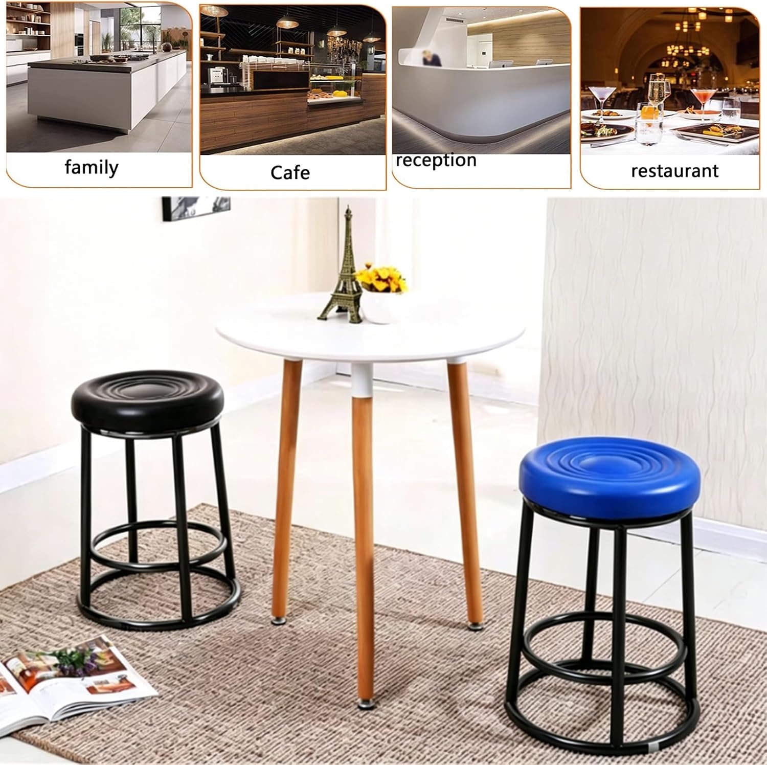 Bar Stools, Modern Dining Chair, Commercial Stainless Steel Stool, Office Three-Ring High Chair, for Kitchen Island, Corporate Reception(Black,58cm/23in)