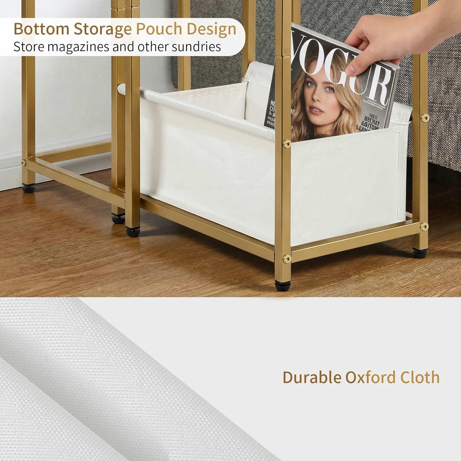 Nesting End Tables Set of 2, Stacking Side Table with Fabric Storage Basket, Small Nightstand for Small Space, Living Room, Bedroom, White Marble & Gold
