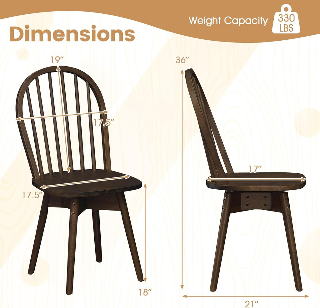 Giantex Windsor Dining Chairs Set of 2, Farmhouse Swivel Kitchen Chairs with Spindle Back, Solid Rubber Wood Frame, Mid Century Armless Dining Room Chairs for Home Kitchen Restaurant, Walnut