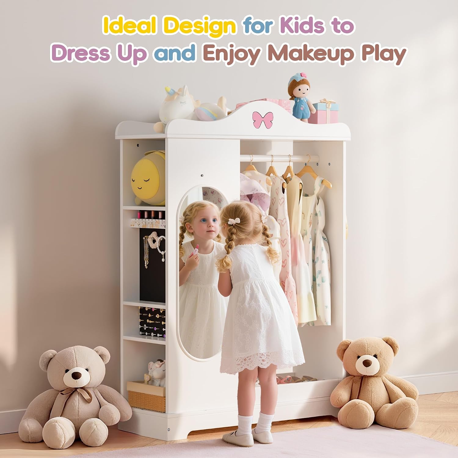 Kids Armoire with Jewelry Cabinet, Kids Dress Up Storage wth Shelves, Girls Wardrode Costume Organizer with Mirror, Children Closet with Armoire (White)