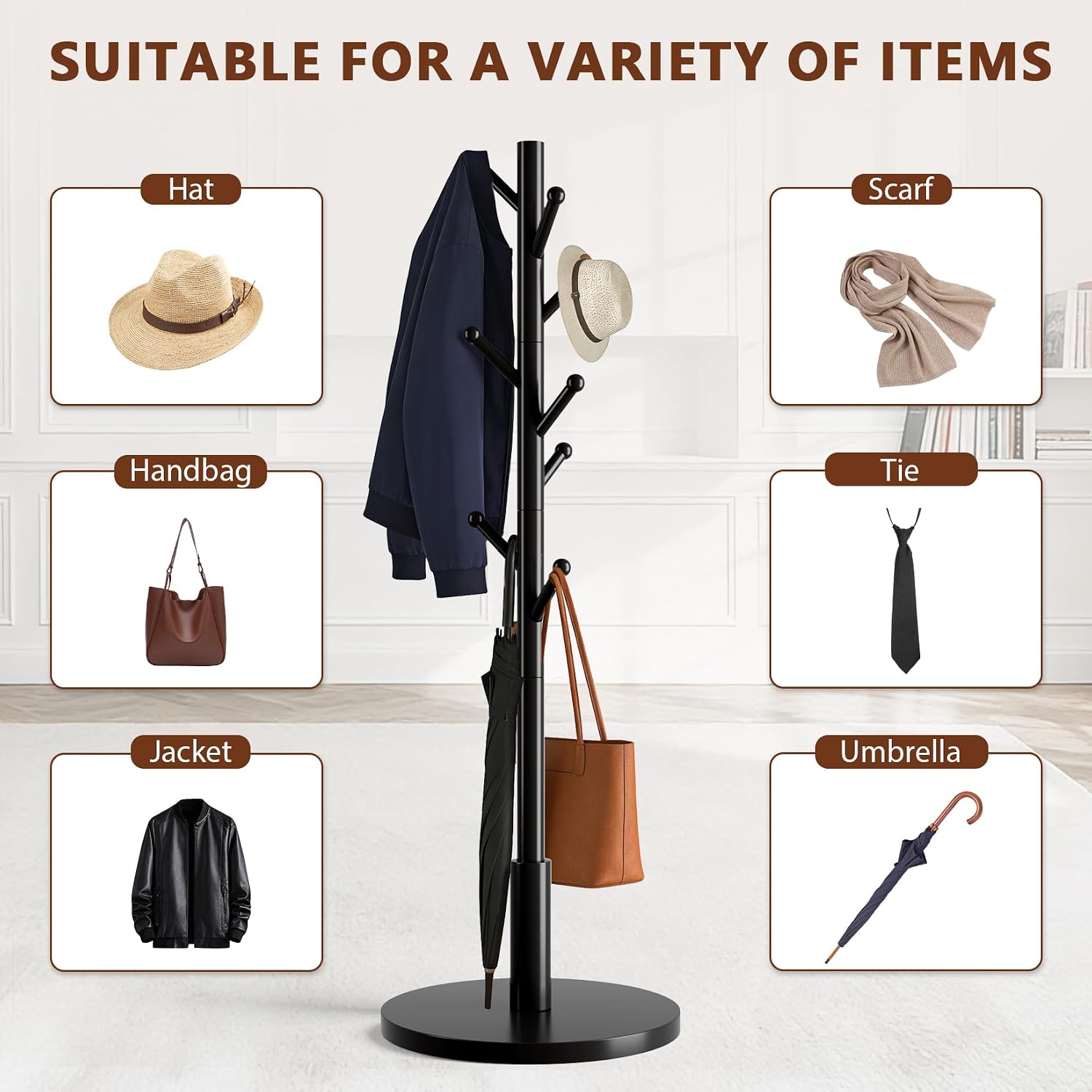 Coat Rack Freestanding Wooden Coat Tree Stand with 8 Round-tip Hooks, 3 Adjustable heights Coat Hat Rack for Entryway,Bedroom,Hallway,Office (Black)