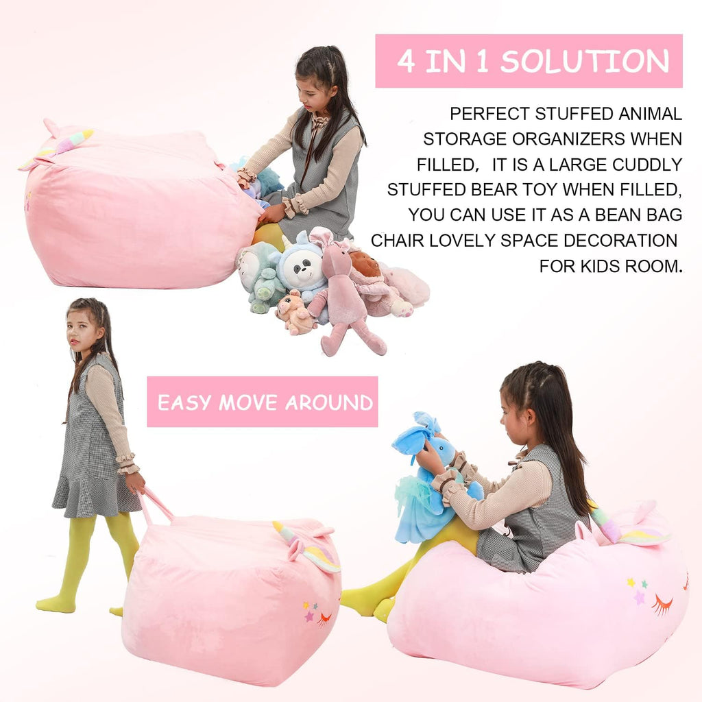 Stuffed Animal Storage Bean Bag Chair Cover for Kids Pink Unicorn Beanbag Chair for Girls Large Size Toy Organizer Cover Only Without Filling