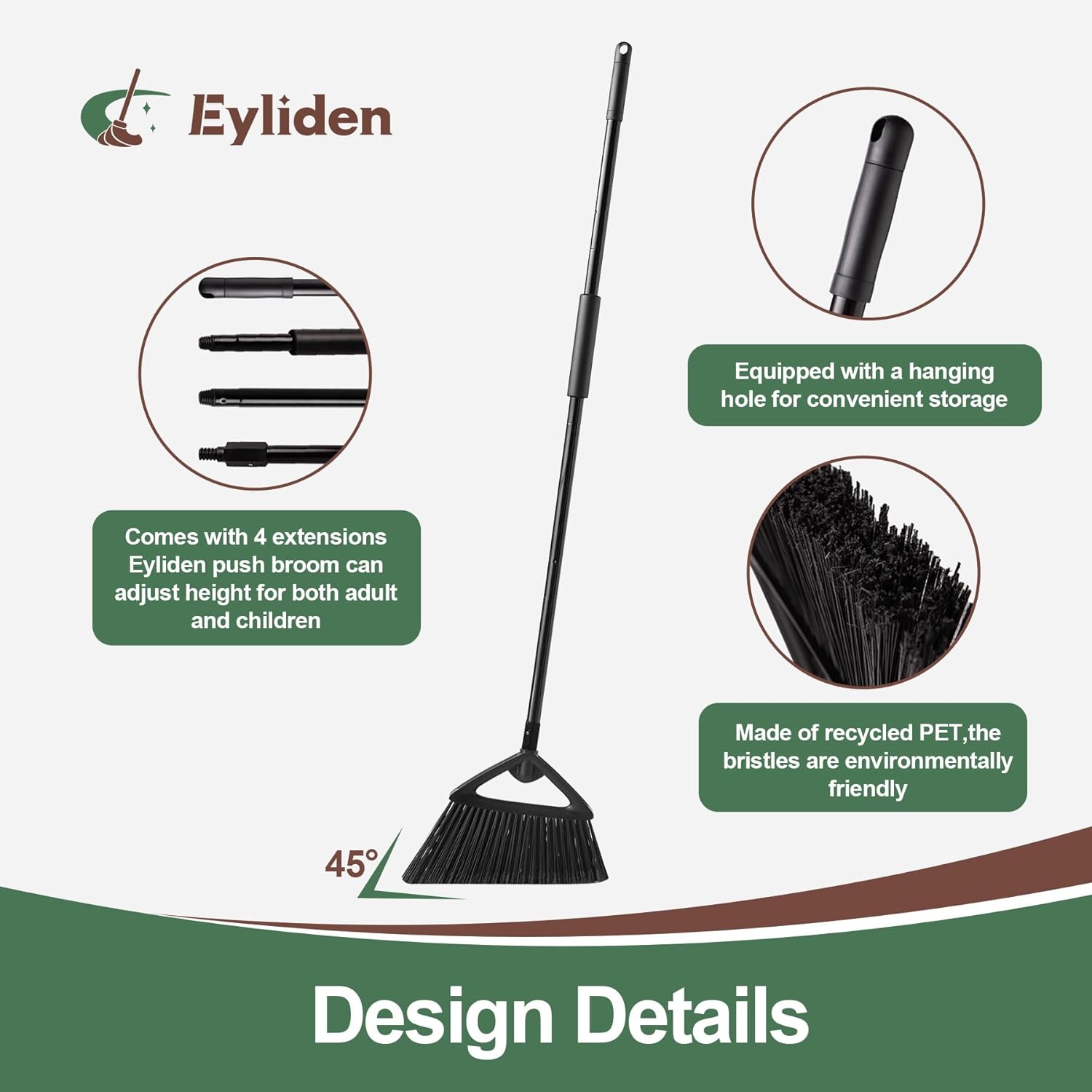 Eyliden Broom, Angle Broom with 57" Long Handle, PET Bristles - Fit Heavy-Duty Cleaning, Also Works Well Fine Dust - Commercial Outdoor Indoor Sweeper for Courtyard Sidewalk Deck Kitchen Lobby, Black