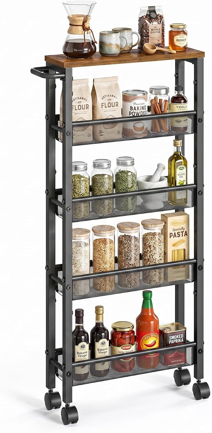 SONGMICS HOME Slim Rolling Cart, 5-Tier Storage Cart with Wheels and Handle, Narrow Utility Cart for Kitchen, Living Room, Brown and Black