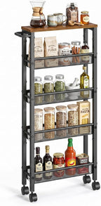 SONGMICS HOME Slim Rolling Cart, 5-Tier Storage Cart with Wheels and Handle, Narrow Utility Cart for Kitchen, Living Room, Brown and Black