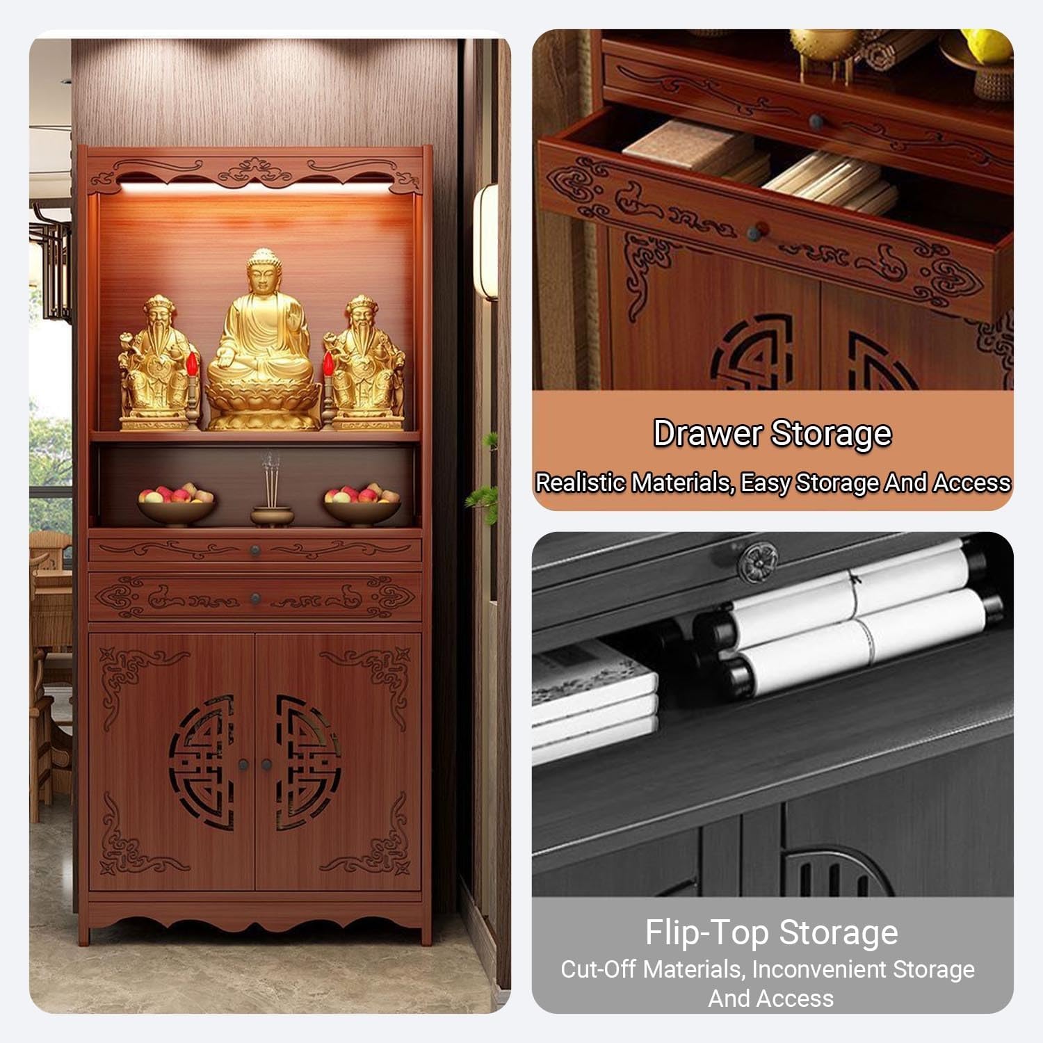 Temple for Home, 20.8-27.5'', Bamboo Meditation Altar Table with Storage, Dual-Mode Drawer Puja Table for Incense & Offerings, Bamboo Altar Cabinet for Home Use for Storage(Style B,53cm/20.8in)
