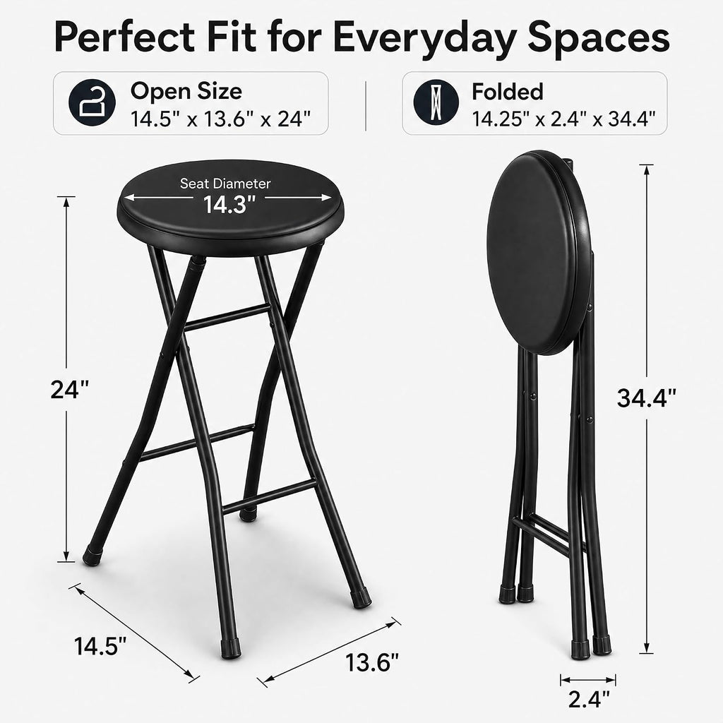 Folding Stool - Backless 24-Inch Stool with 240lb Capacity for Kitchen or Rec Room - Portable Indoor Counter Bar Stools (Black)