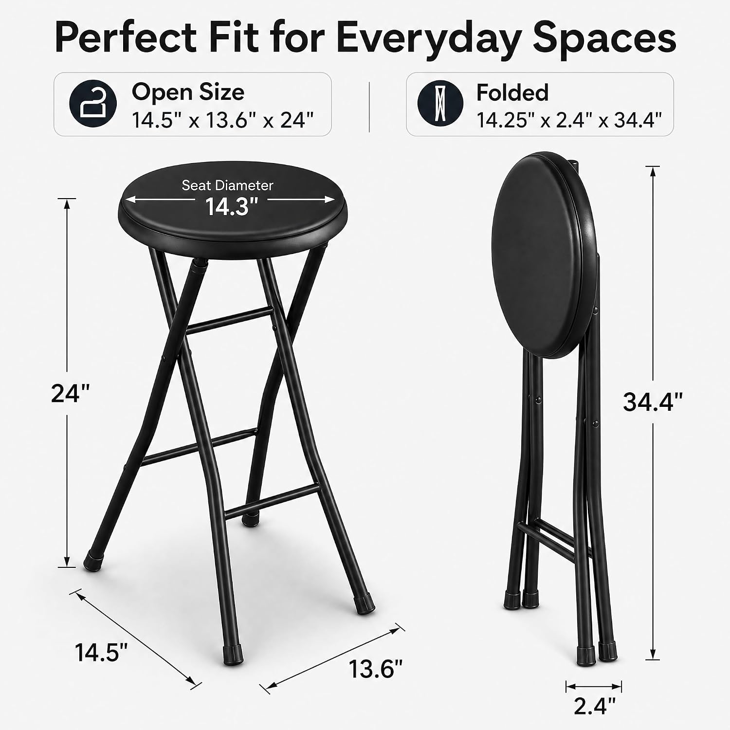 Folding Stool - Backless 24-Inch Stool with 240lb Capacity for Kitchen or Rec Room - Portable Indoor Counter Bar Stools (Black)