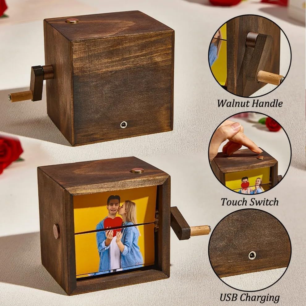 Custom Flip Photo Book, Personalized 8 or 16 Photo Flip Box Frame Animation Machine, Custom Hand-crank Flipbook Box Album with Light, Music, Gifts for Mothers Day Birthday (Walnut)