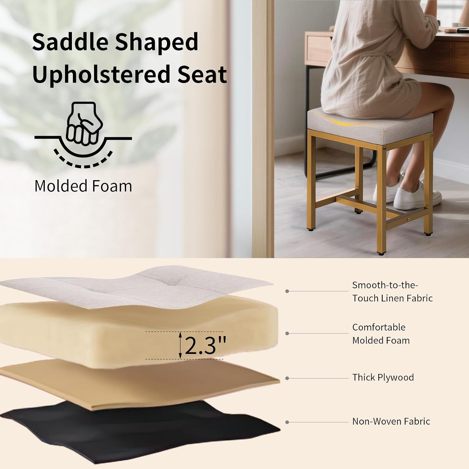 Saddle Seat Vanity Stool, Makeup Stool Chair with Metal Leg, U-Shaped Ottoman Foot Rest, Small Square Chairs Under Desk for Vanity, Living Room, Modern Makeup Bench Linen Light Brown&Gold