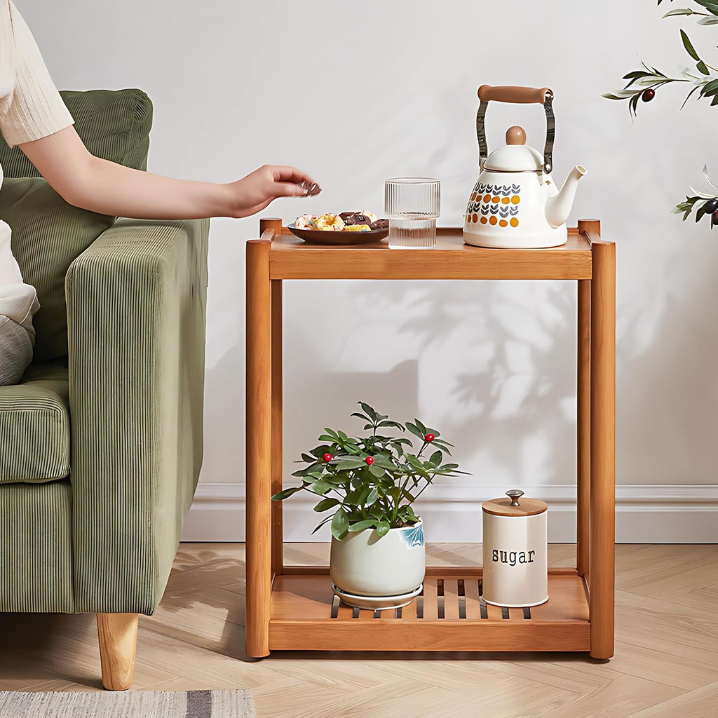 Side Table, Solid Wood Narrow End Table with Storage Shelf and Wheels, 2-Tier Sofa Table for Living Room, Rubber Wood Indoor Plant Stand, 26.8 H x 11.8 W x 19.7 D Inches (Natural)