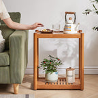 Side Table, Solid Wood Narrow End Table with Storage Shelf and Wheels, 2-Tier Sofa Table for Living Room, Rubber Wood Indoor Plant Stand, 26.8 H x 11.8 W x 19.7 D Inches (Natural)