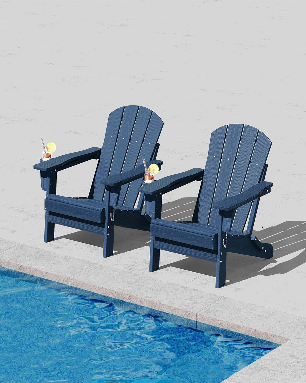 Garvee Folding Adirondack Chair Set of 2, HDPE Outdoor Patio Chair with Cup Holder, All Weather Resistent Wooden Textured for patios, Decks, Gardens, fire Pit, Navy Blue