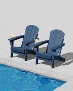 Garvee Folding Adirondack Chair Set of 2, HDPE Outdoor Patio Chair with Cup Holder, All Weather Resistent Wooden Textured for patios, Decks, Gardens, fire Pit, Navy Blue