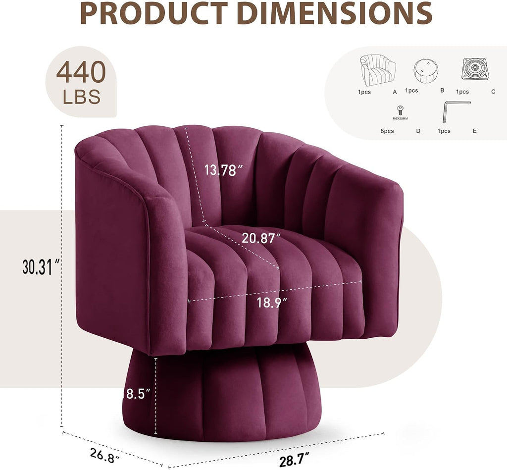 YSICK Swivel Accent Chair,360°Swivel Barrel Chairs, Mid-Century Chair with Wide Upholstered, Modern Velvet Fabric, Round Armchair for Living Room, Lounge, Bedroom, Purple