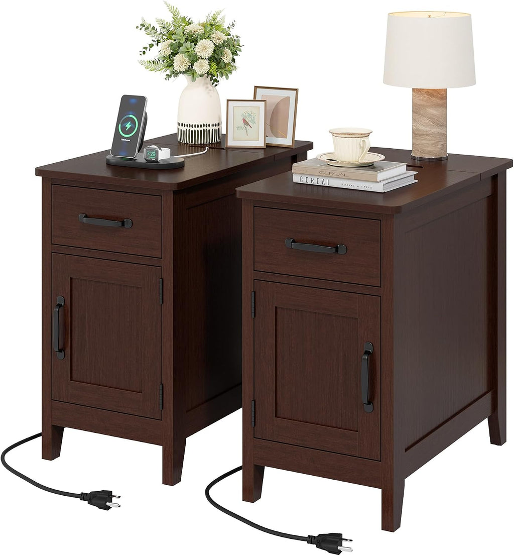 Side Table Set of 2 with Charging Station, 23.6" Tall End Table with Flip-Top Hidden Outlets & USB-C Port, Narrow Nightstand with Drawer and Storage Cabinet for Bedroom, Living Room,Small Spaces