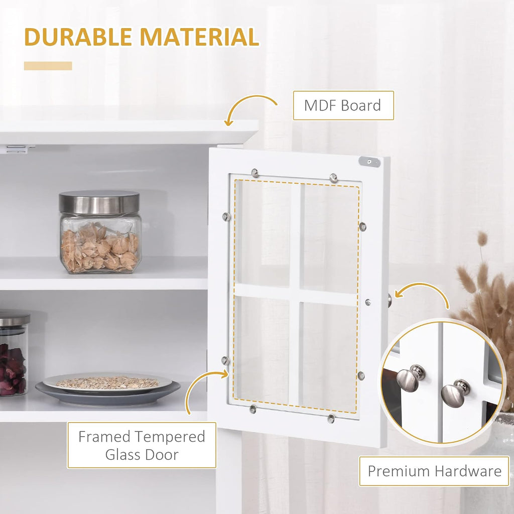 Elegant Buffet with Hutch, Kitchen Pantry Storage Cabinet with Framed Glass Door Drawer and Microwave Space, White,15.8 * 27 * 64.5