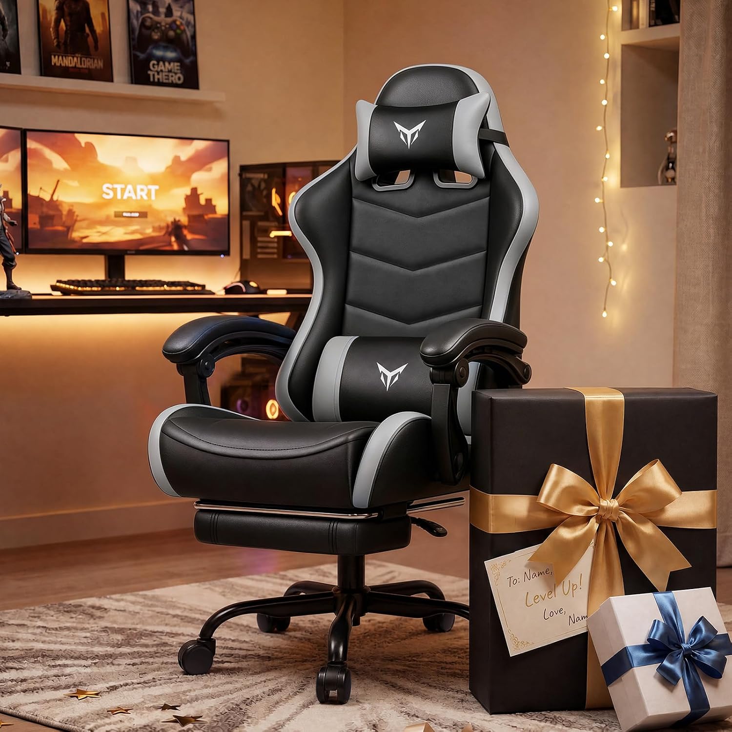 EXRACING Gaming Chair with Footrest, Ergonomic Computer Chair 350lbs High Back for Adults, Height Adjustable Video Game Chair with Headrest and Lumbar Support, 360° Swivel, PU Leather, Grey