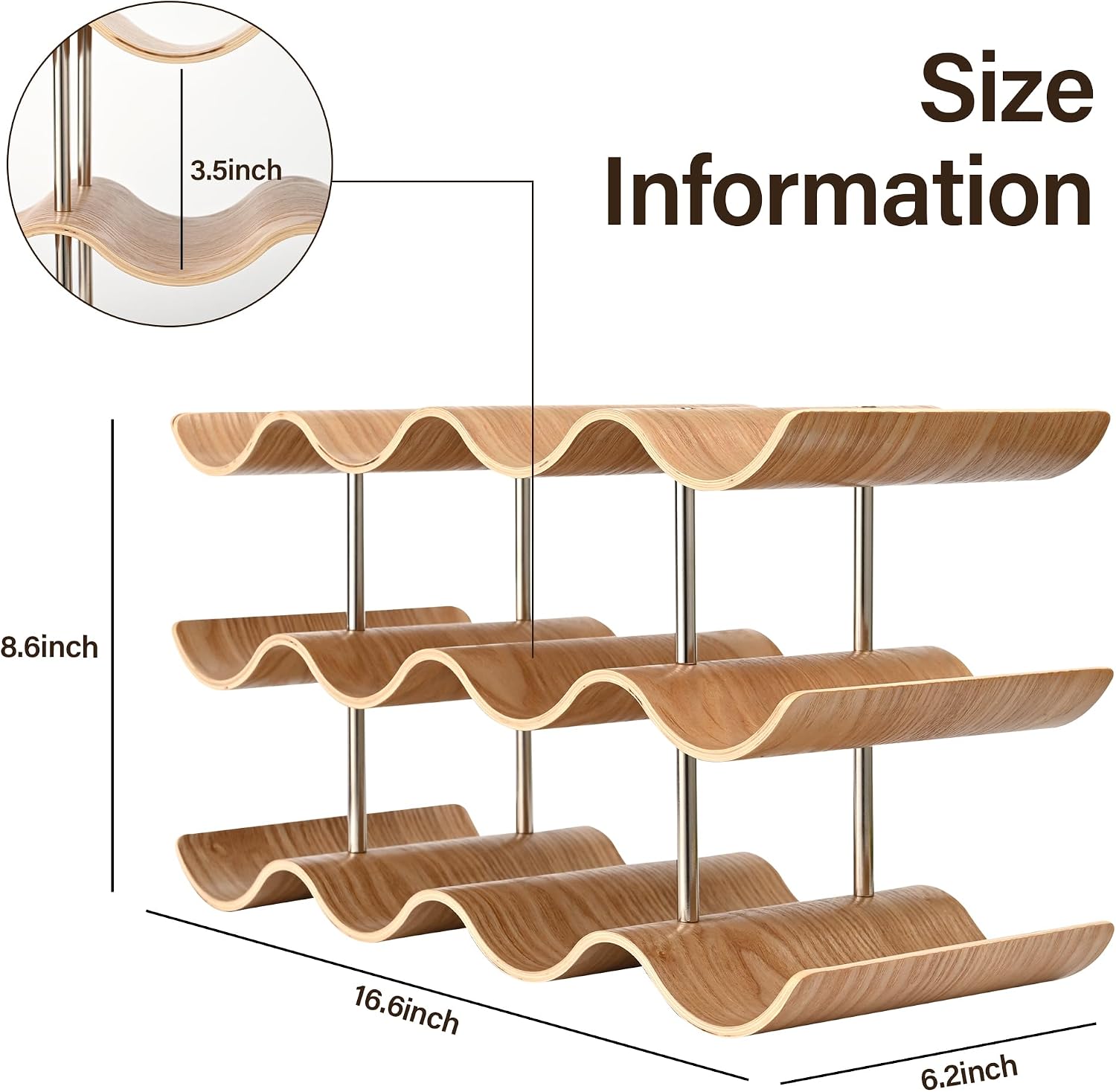 Countertop Wine Rack - 12 Bottle Freestanding Wine Bottle Holder Stand - 3 Tier Wooden Wine Storage Rack - Wavy Wine Organizer for Cabinet Pantry Home Kitchen Bar