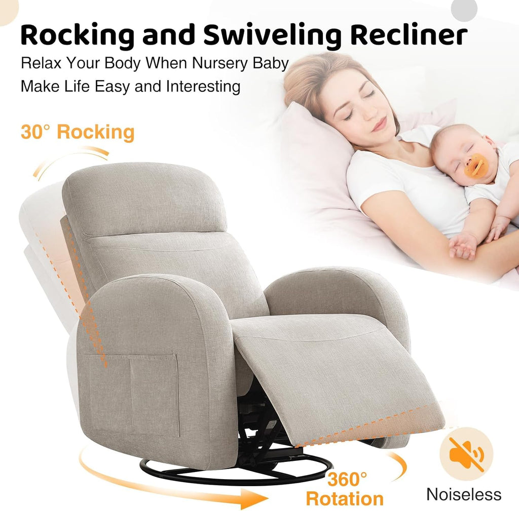 Swivel Rocker Recliner Chair, Rocking Recliner for Nursery with Side Pockets, Manual Swivel Reclining Nursery Glider Chair for Breastfeeding Living Room, Camel Chenille