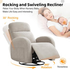 Swivel Rocker Recliner Chair, Rocking Recliner for Nursery with Side Pockets, Manual Swivel Reclining Nursery Glider Chair for Breastfeeding Living Room, Camel Chenille