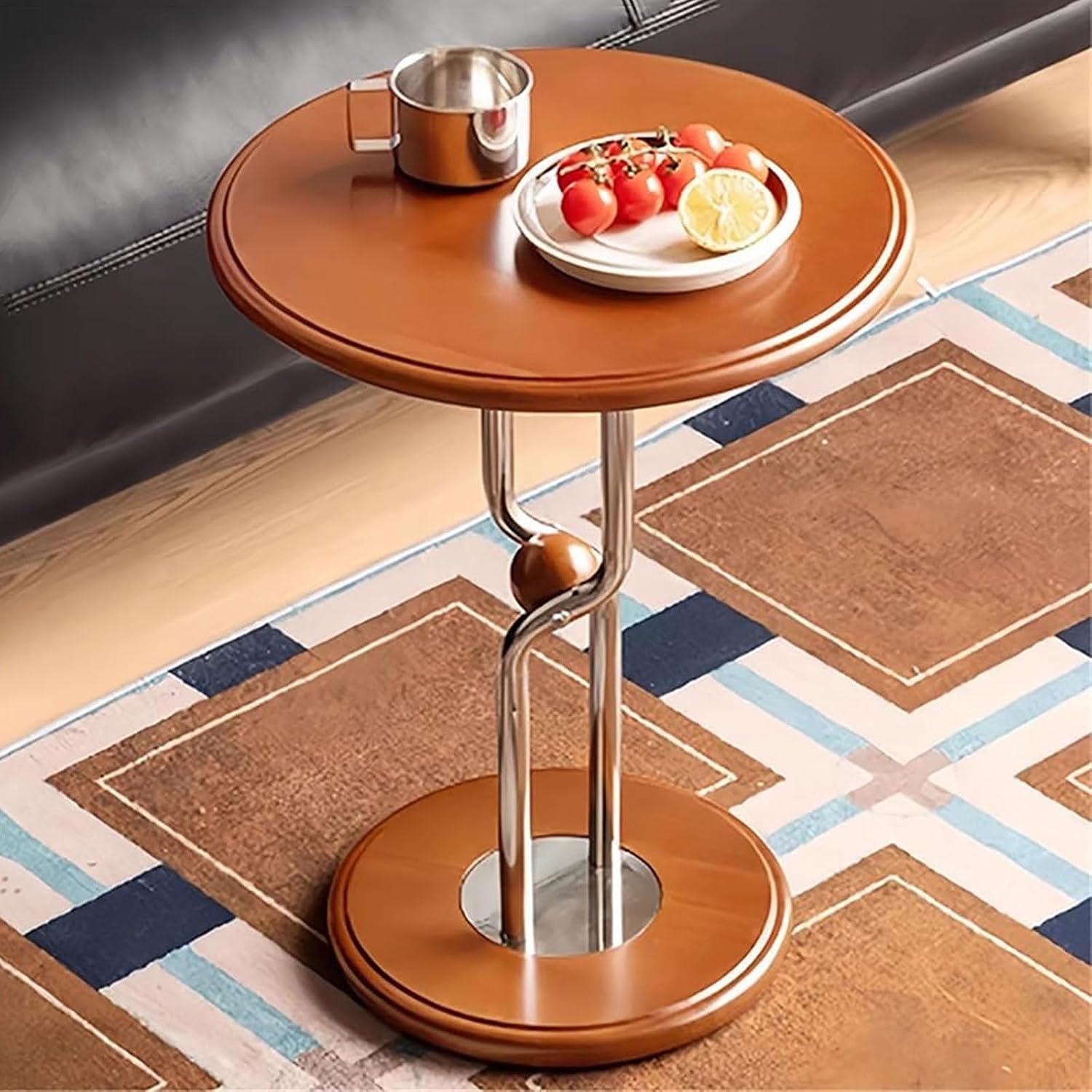 Chinese retro style solid wood Round Sofa Side Table,Bar Pub Small Coffee Table with Metal Table Legs, End Table Decorative for Bedroom,Living Room,Patio,Balcony(15.7*15.7*20.5inches, Cherry)
