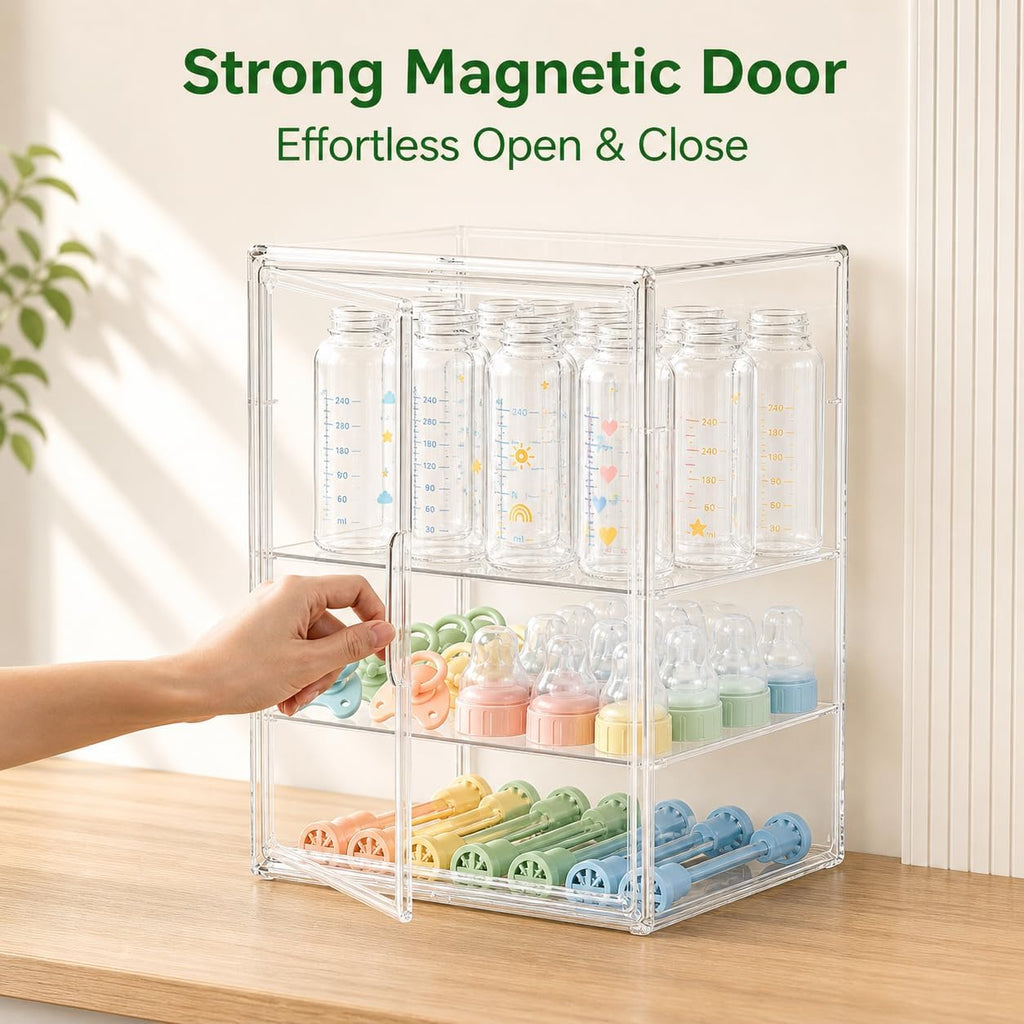 Baby Bottle Storage Organizer for Countertop, Large Clear Bottle Organizer, Baby Bottle Storage Organizer for Bottles, Nipples, Pump Parts, Cabinet, Kitchen Pantry