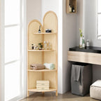 70" Tall Corner Bookshelf, 4-Tier Rattan Corner Shelf Stand for Small Spaces - Solid Wood Frame Display Organizer Rack, 90° Flush Wall Fit, Natural