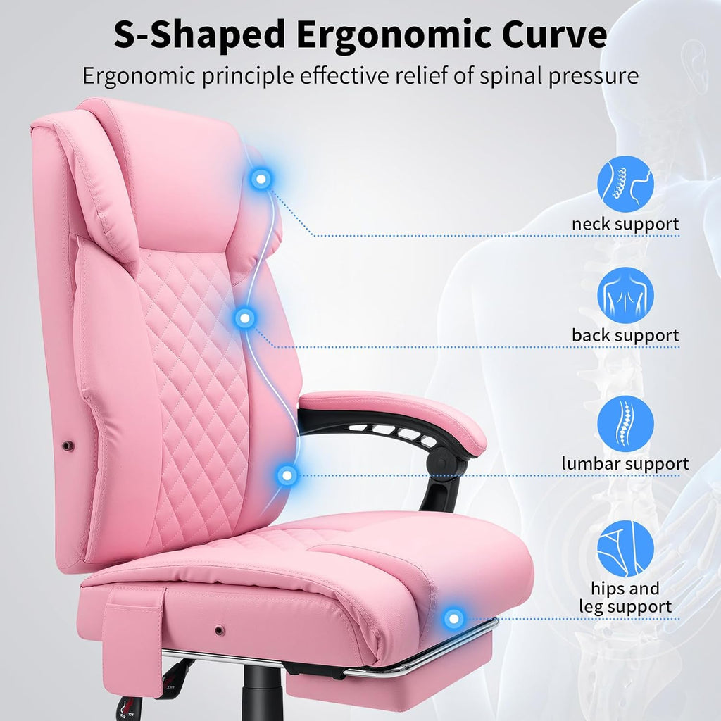 HOFFREE 400lbs Massage Office Chair with Foot Rest 6 Points Vibration Ergonomic Executive Office Chair Reclining High Back Computer Desk Chairs Pink