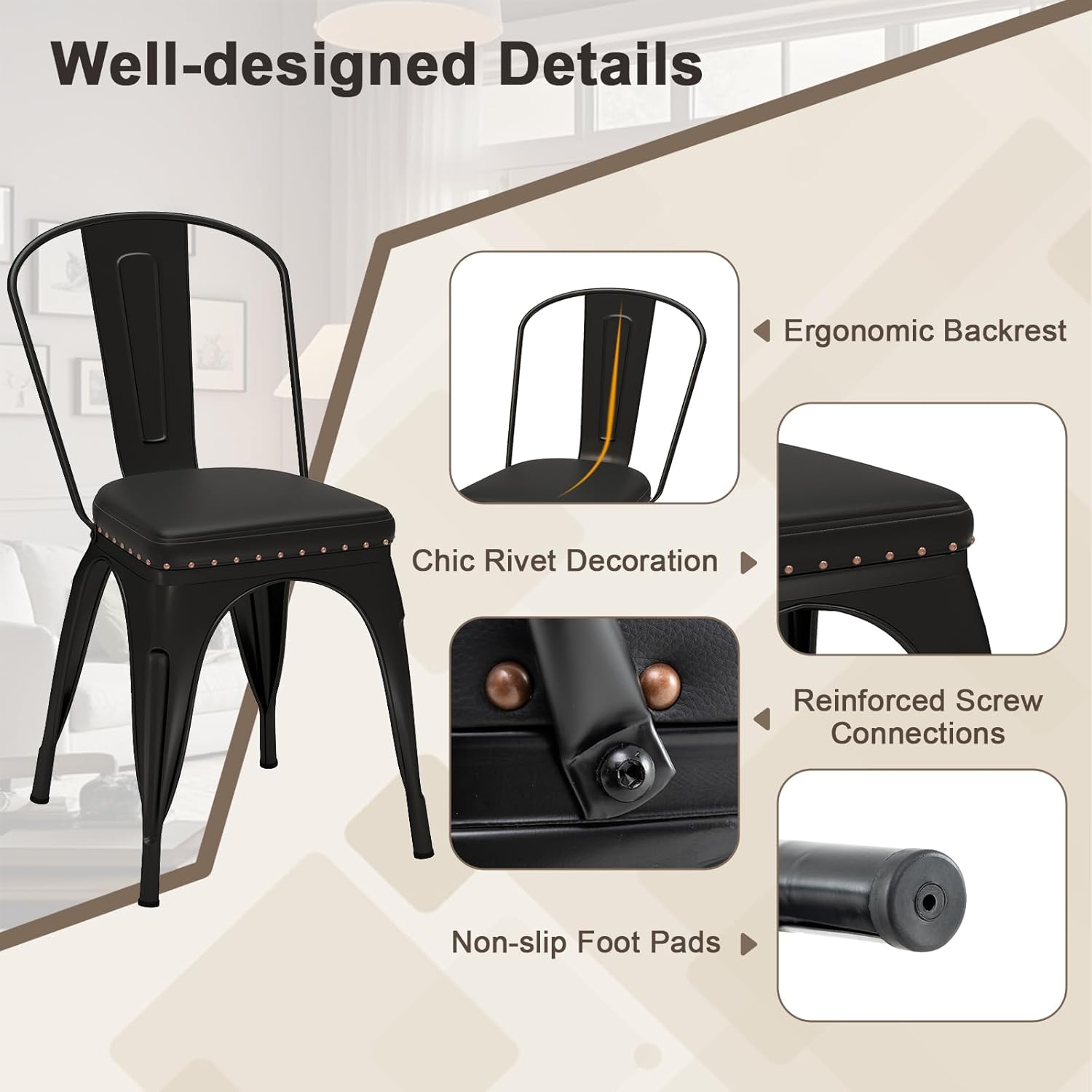 Giantex Metal Dining Chairs Set of 4, Stackable Armless Kitchen Side Chair with Detachable Backrest & PU Leather Padded Seat, Modern Dinette Chairs for Dining Room, Cafe, Restaurant, Bar (Black)