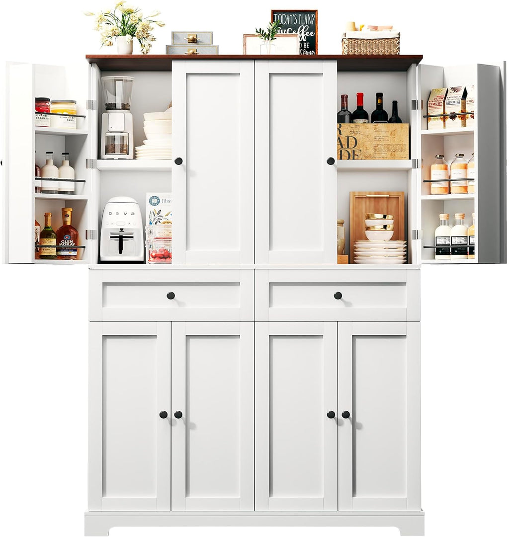 HUAHUU 71" Kitchen Pantry Cabinet with 6 Door Shelves, Tall Pantry Storage Cabinet with 8 Doors & 4 Adjustable Shelves, Modern Kitchen Pantry with 2 Large Drawers for Dining Room, Living Room, White