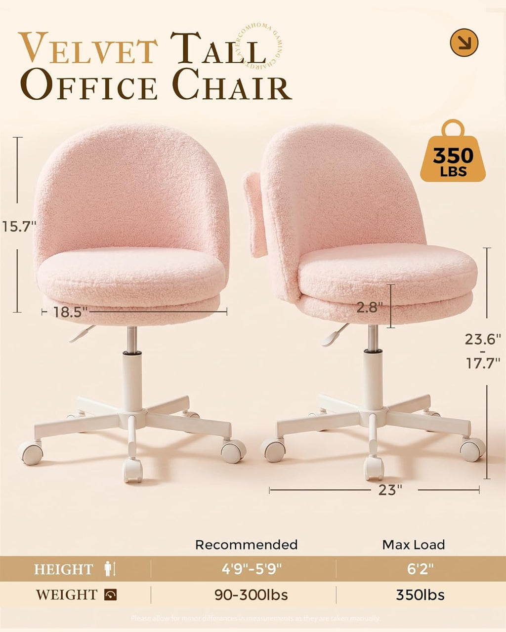 COMHOMA Vanity Chair with Wheels Velvet Tall Office Chair with Back,Armless Desk Chair Comfy Height Adjustable, Soft Lumbar Support for Girls Bedroom Home Vanity Bow Pillow for Gift Pink