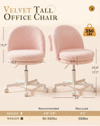 COMHOMA Vanity Chair with Wheels Velvet Tall Office Chair with Back,Armless Desk Chair Comfy Height Adjustable, Soft Lumbar Support for Girls Bedroom Home Vanity Bow Pillow for Gift Pink