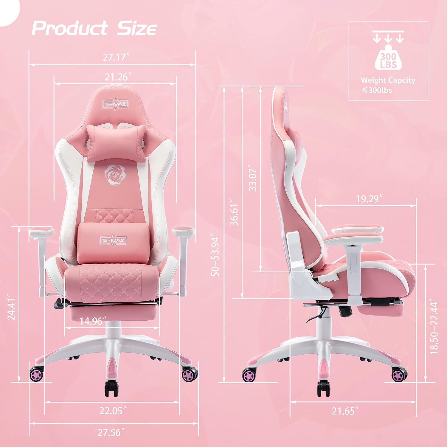 S*MAX Gaming Chair with Footrest Thicken Seat Ergonomic Gaming Chair with 3D Armrest PU Leather Gamer Chairs for Adults Headrest Lumbar Support Gaming Chairs for Adults Pink Large